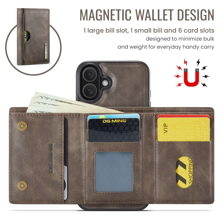 For iPhone 16 DG.MING M6 Series RFID Tri-fold Card Bag Removable Leather Phone Case