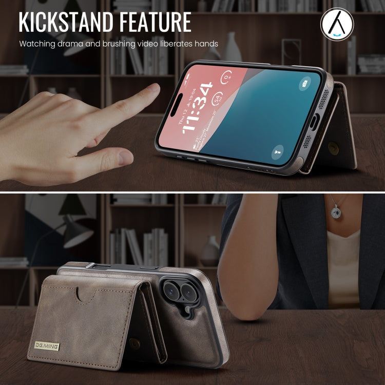 For iPhone 16 DG.MING M6 Series RFID Tri-fold Card Bag Removable Leather Phone Case