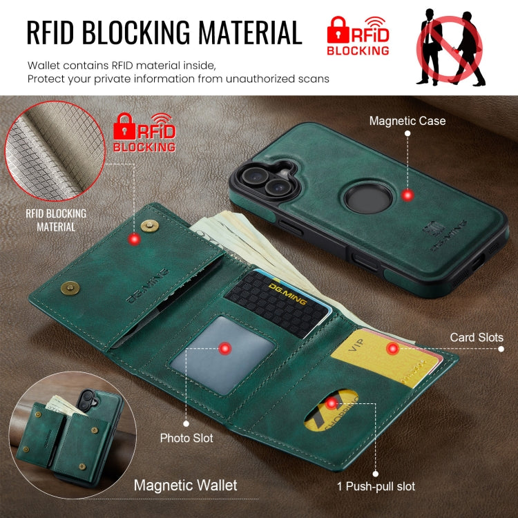 For iPhone 16 DG.MING M6 Series RFID Tri-fold Card Bag Removable Leather Phone Case