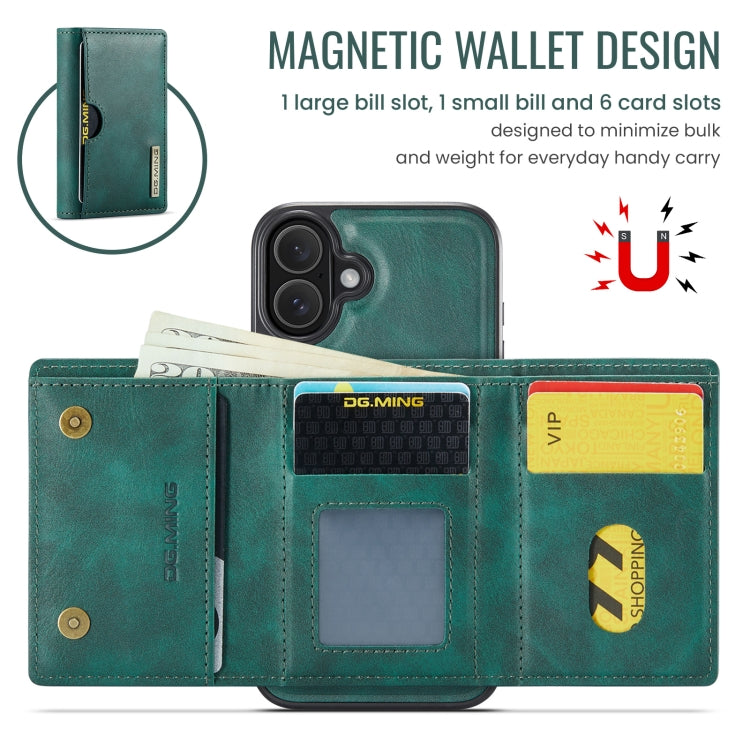For iPhone 16 DG.MING M6 Series RFID Tri-fold Card Bag Removable Leather Phone Case