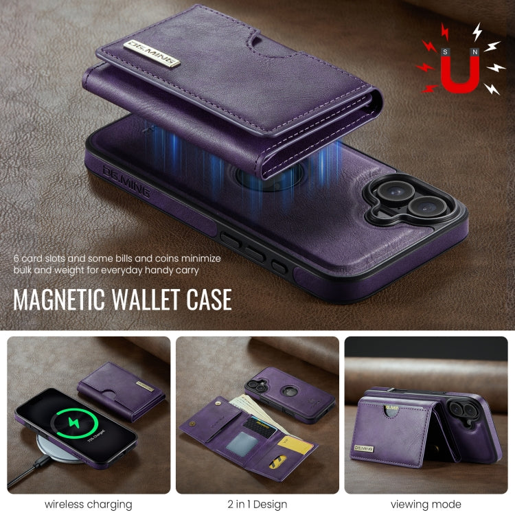 For iPhone 16 DG.MING M6 Series RFID Tri-fold Card Bag Removable Leather Phone Case