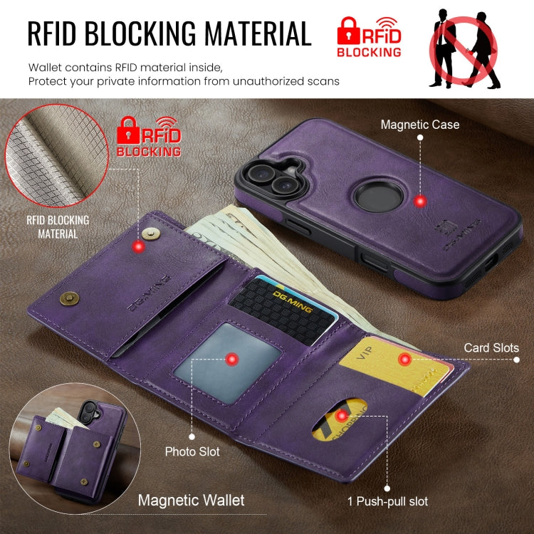 For iPhone 16 DG.MING M6 Series RFID Tri-fold Card Bag Removable Leather Phone Case