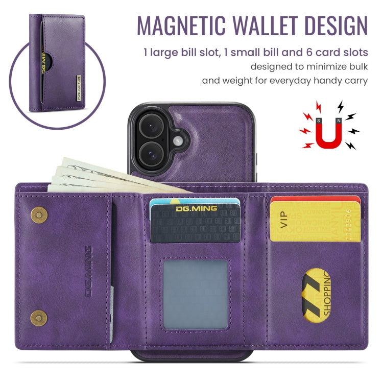 For iPhone 16 DG.MING M6 Series RFID Tri-fold Card Bag Removable Leather Phone Case