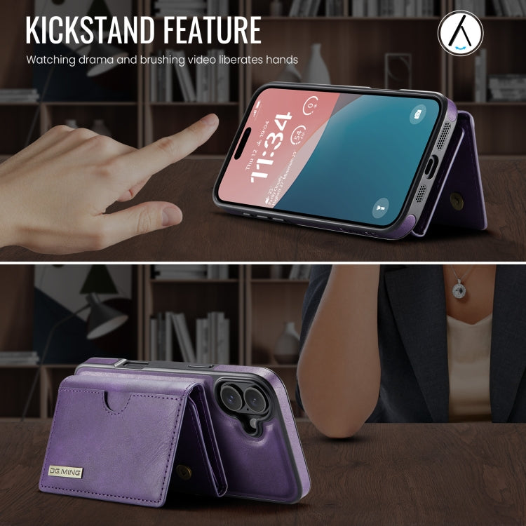 For iPhone 16 DG.MING M6 Series RFID Tri-fold Card Bag Removable Leather Phone Case
