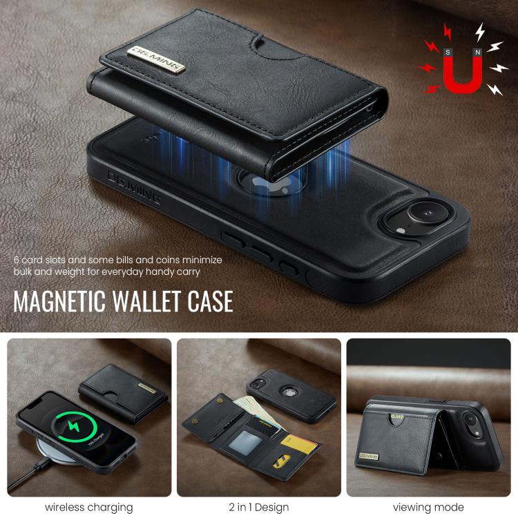 For iPhone 17e / 16e DG.MING M6 Series RFID Tri-fold Card Bag Removable Leather Phone Case