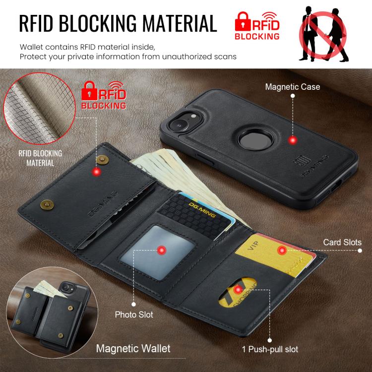 For iPhone 17e / 16e DG.MING M6 Series RFID Tri-fold Card Bag Removable Leather Phone Case