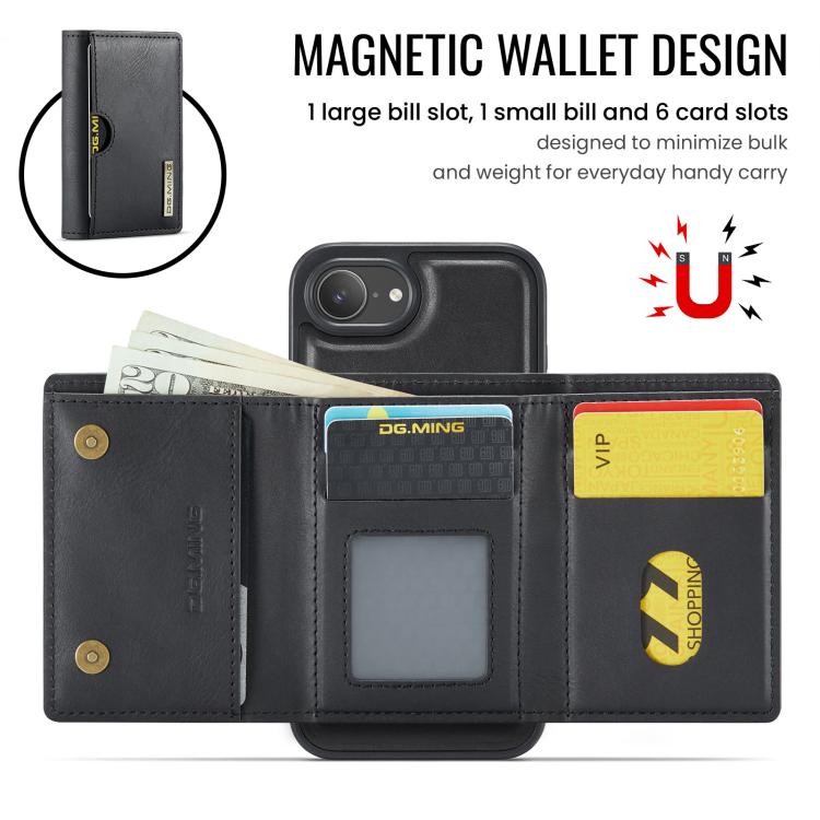 For iPhone 17e / 16e DG.MING M6 Series RFID Tri-fold Card Bag Removable Leather Phone Case