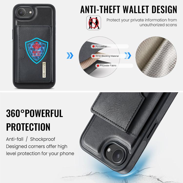 For iPhone 17e / 16e DG.MING M6 Series RFID Tri-fold Card Bag Removable Leather Phone Case