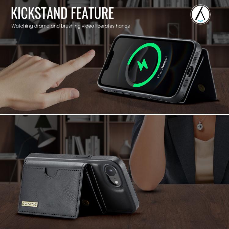 For iPhone 17e / 16e DG.MING M6 Series RFID Tri-fold Card Bag Removable Leather Phone Case