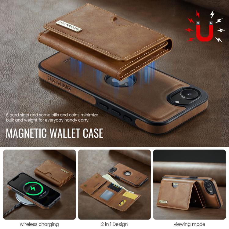 For iPhone 17e / 16e DG.MING M6 Series RFID Tri-fold Card Bag Removable Leather Phone Case