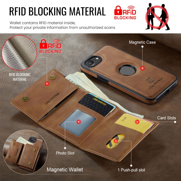 For iPhone 17e / 16e DG.MING M6 Series RFID Tri-fold Card Bag Removable Leather Phone Case