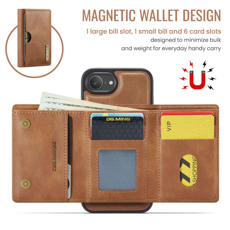 For iPhone 17e / 16e DG.MING M6 Series RFID Tri-fold Card Bag Removable Leather Phone Case