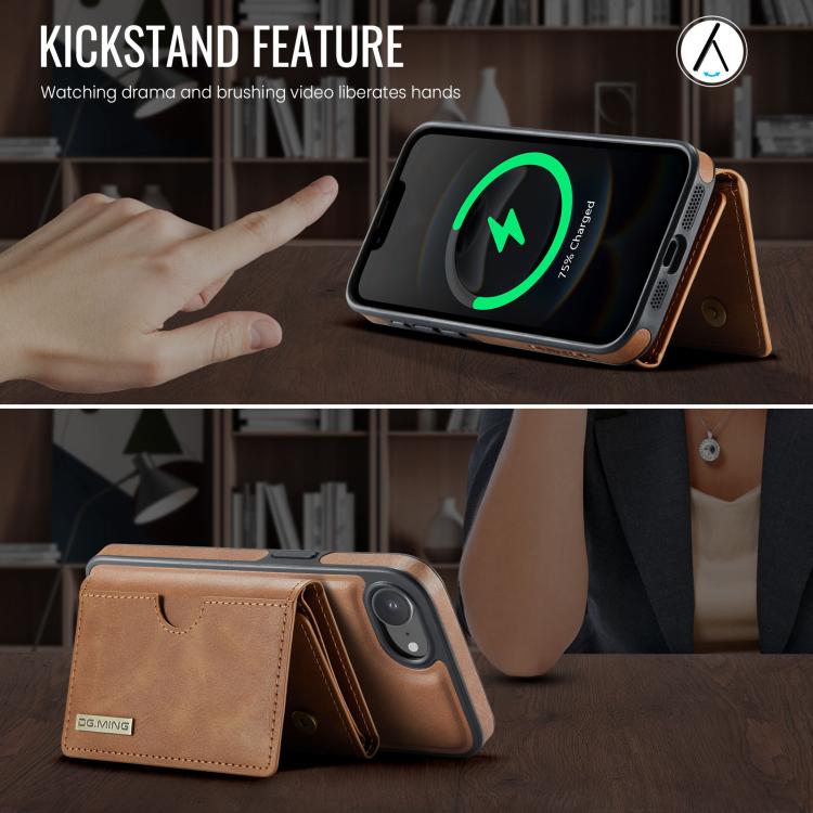 For iPhone 17e / 16e DG.MING M6 Series RFID Tri-fold Card Bag Removable Leather Phone Case