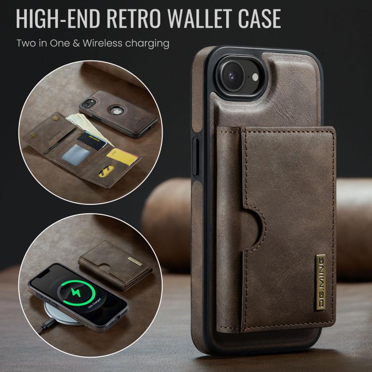 For iPhone 17e / 16e DG.MING M6 Series RFID Tri-fold Card Bag Removable Leather Phone Case