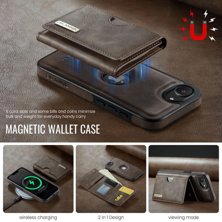 For iPhone 17e / 16e DG.MING M6 Series RFID Tri-fold Card Bag Removable Leather Phone Case