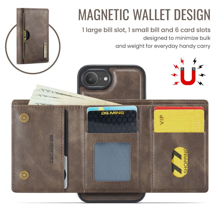 For iPhone 17e / 16e DG.MING M6 Series RFID Tri-fold Card Bag Removable Leather Phone Case