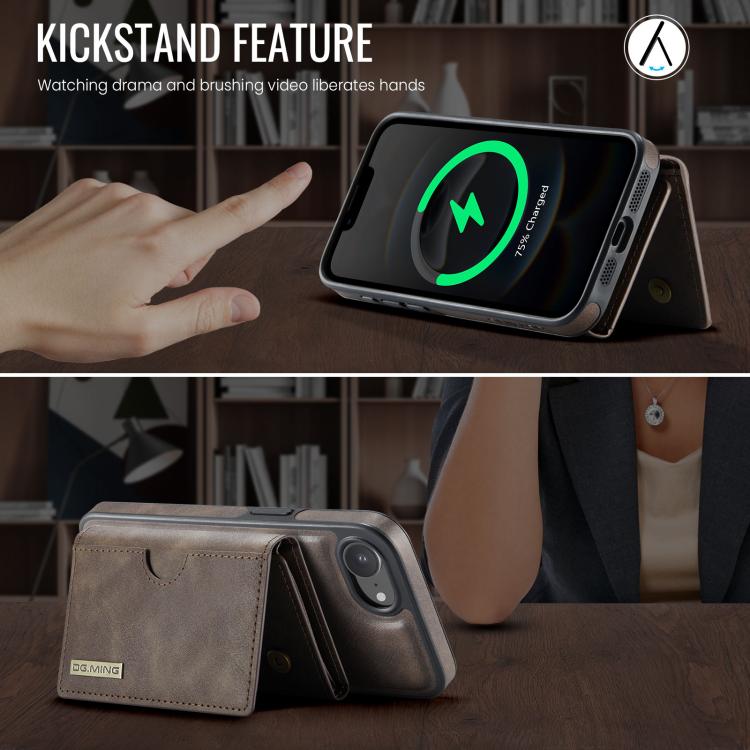 For iPhone 17e / 16e DG.MING M6 Series RFID Tri-fold Card Bag Removable Leather Phone Case