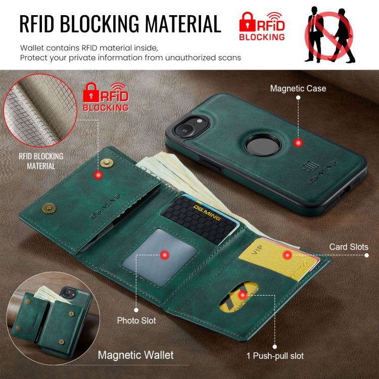 For iPhone 17e / 16e DG.MING M6 Series RFID Tri-fold Card Bag Removable Leather Phone Case