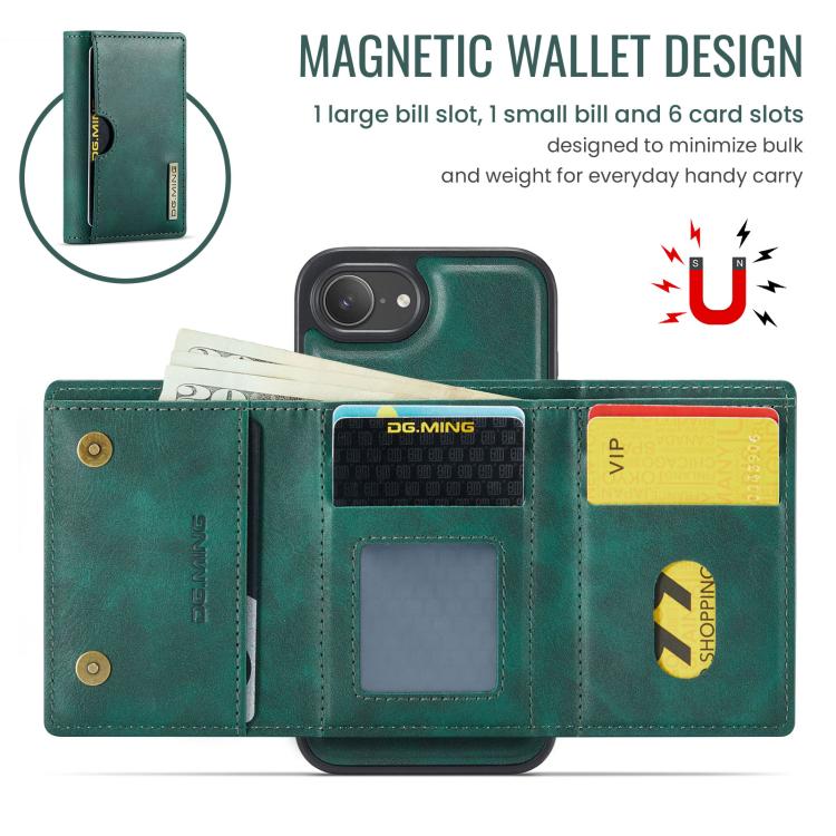 For iPhone 17e / 16e DG.MING M6 Series RFID Tri-fold Card Bag Removable Leather Phone Case