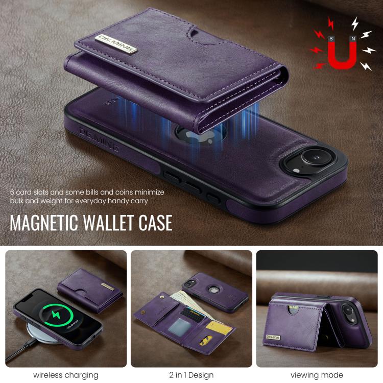 For iPhone 17e / 16e DG.MING M6 Series RFID Tri-fold Card Bag Removable Leather Phone Case