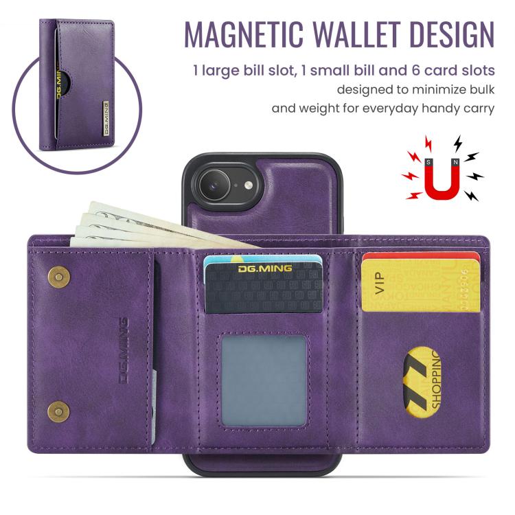 For iPhone 17e / 16e DG.MING M6 Series RFID Tri-fold Card Bag Removable Leather Phone Case