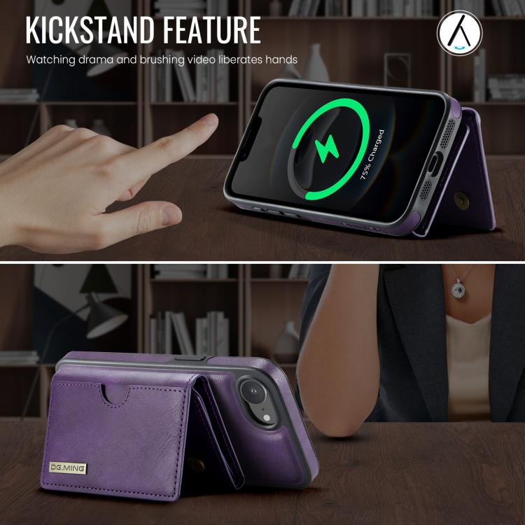 For iPhone 17e / 16e DG.MING M6 Series RFID Tri-fold Card Bag Removable Leather Phone Case