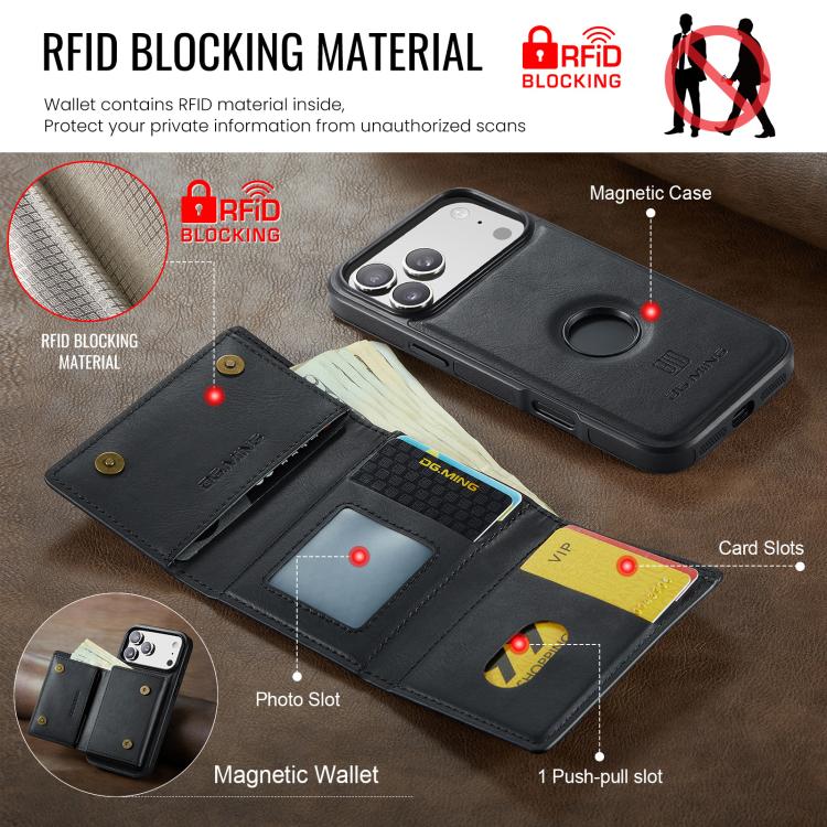 For iPhone 17 Pro Max DG.MING M6 Series RFID Tri-fold Card Bag Removable Leather Phone Case