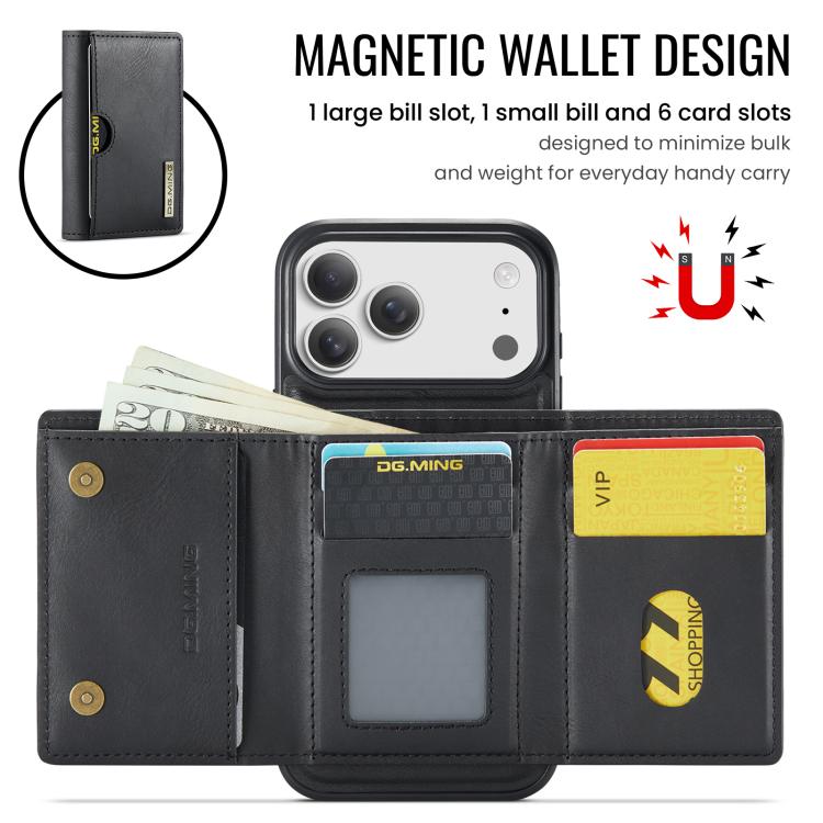 For iPhone 17 Pro Max DG.MING M6 Series RFID Tri-fold Card Bag Removable Leather Phone Case