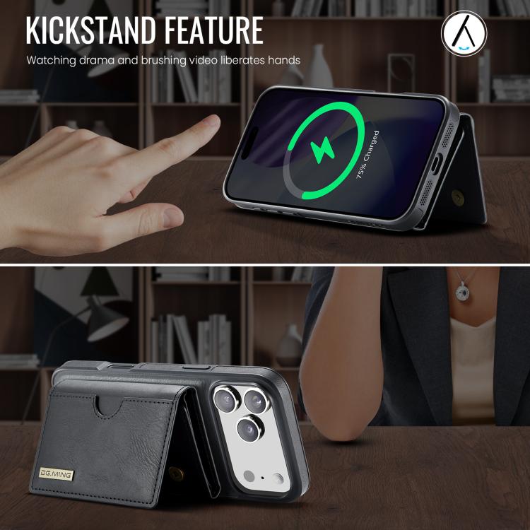 For iPhone 17 Pro Max DG.MING M6 Series RFID Tri-fold Card Bag Removable Leather Phone Case