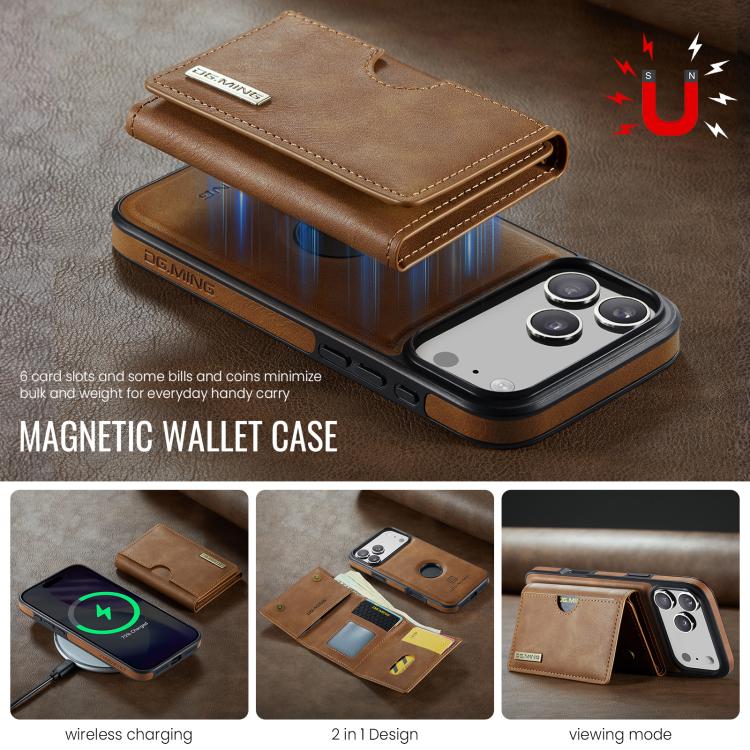 For iPhone 17 Pro Max DG.MING M6 Series RFID Tri-fold Card Bag Removable Leather Phone Case