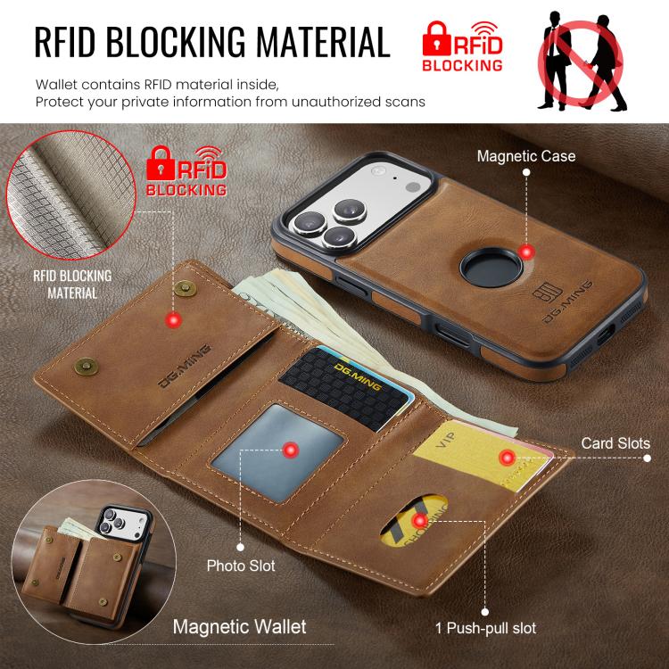 For iPhone 17 Pro Max DG.MING M6 Series RFID Tri-fold Card Bag Removable Leather Phone Case