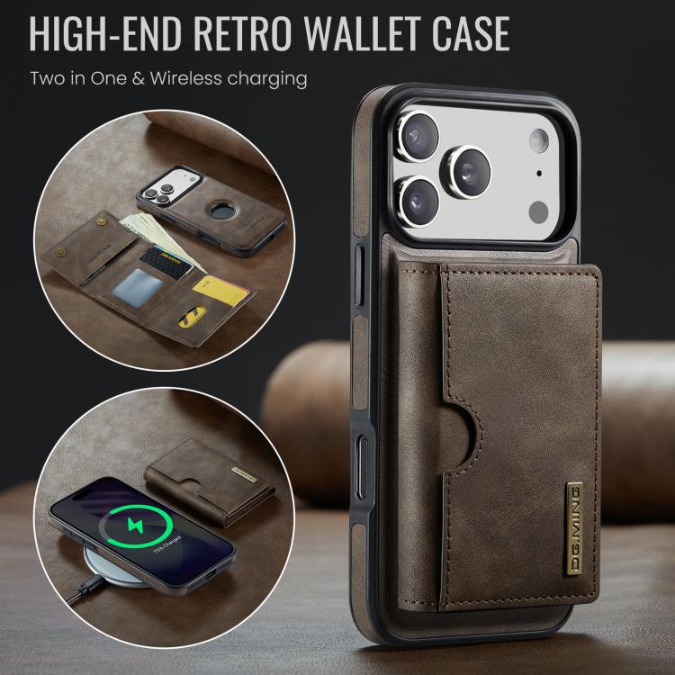 For iPhone 17 Pro Max DG.MING M6 Series RFID Tri-fold Card Bag Removable Leather Phone Case