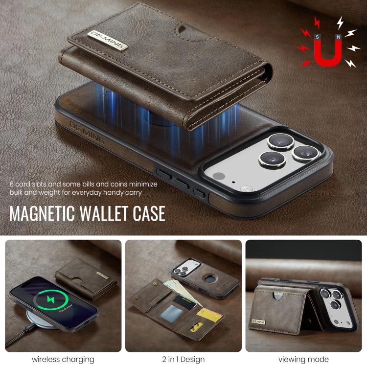 For iPhone 17 Pro Max DG.MING M6 Series RFID Tri-fold Card Bag Removable Leather Phone Case