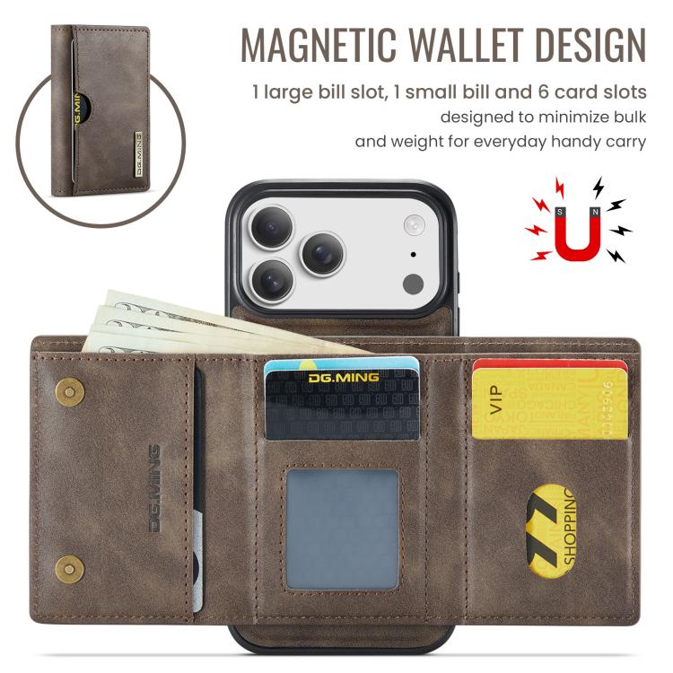 For iPhone 17 Pro Max DG.MING M6 Series RFID Tri-fold Card Bag Removable Leather Phone Case