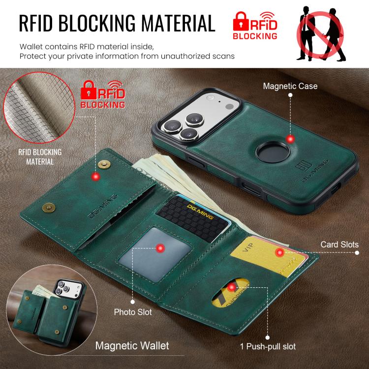 For iPhone 17 Pro Max DG.MING M6 Series RFID Tri-fold Card Bag Removable Leather Phone Case