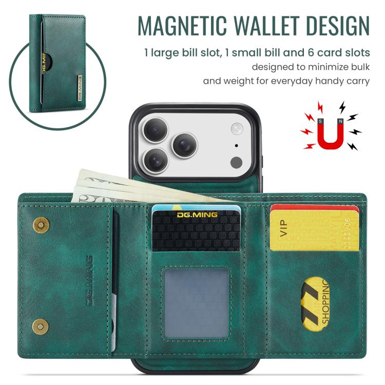 For iPhone 17 Pro Max DG.MING M6 Series RFID Tri-fold Card Bag Removable Leather Phone Case