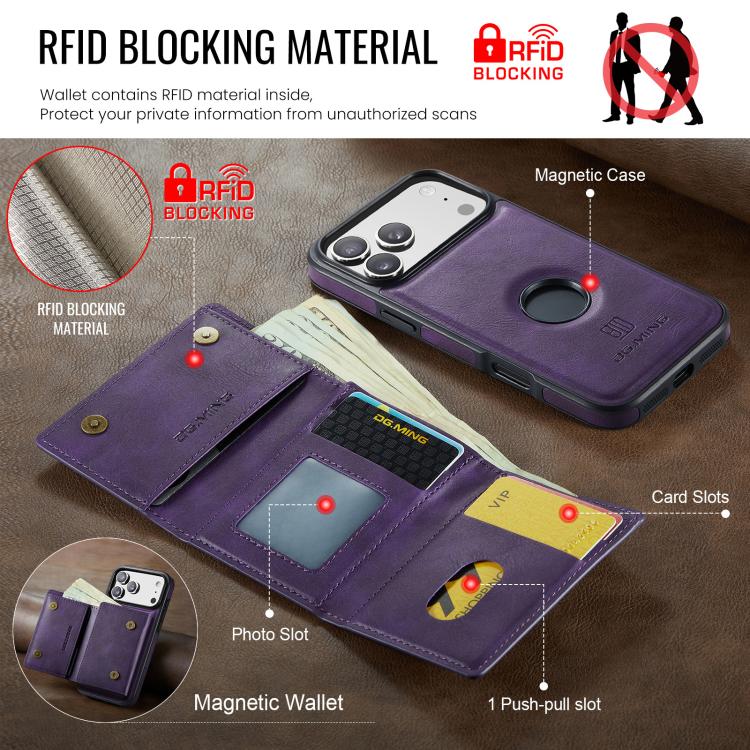 For iPhone 17 Pro Max DG.MING M6 Series RFID Tri-fold Card Bag Removable Leather Phone Case