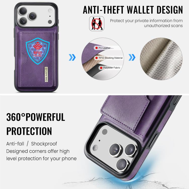 For iPhone 17 Pro Max DG.MING M6 Series RFID Tri-fold Card Bag Removable Leather Phone Case