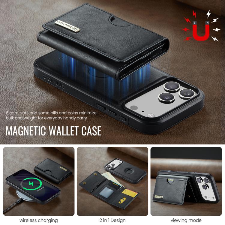 For iPhone 17 Pro DG.MING M6 Series RFID Tri-fold Card Bag Removable Leather Phone Case