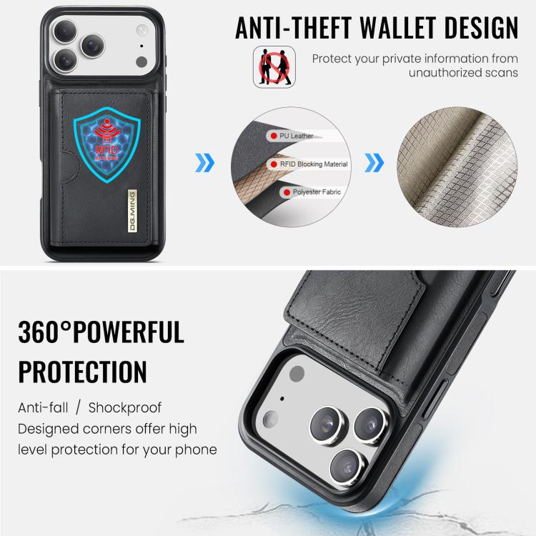 For iPhone 17 Pro DG.MING M6 Series RFID Tri-fold Card Bag Removable Leather Phone Case