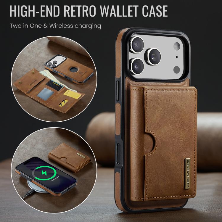 For iPhone 17 Pro DG.MING M6 Series RFID Tri-fold Card Bag Removable Leather Phone Case