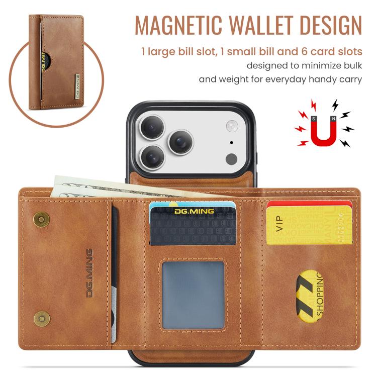 For iPhone 17 Pro DG.MING M6 Series RFID Tri-fold Card Bag Removable Leather Phone Case