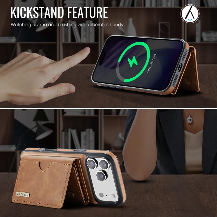 For iPhone 17 Pro DG.MING M6 Series RFID Tri-fold Card Bag Removable Leather Phone Case