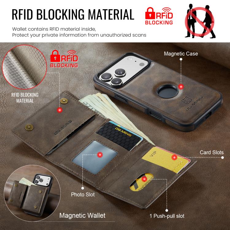 For iPhone 17 Pro DG.MING M6 Series RFID Tri-fold Card Bag Removable Leather Phone Case