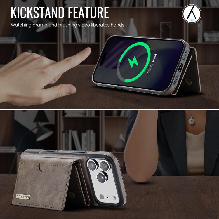 For iPhone 17 Pro DG.MING M6 Series RFID Tri-fold Card Bag Removable Leather Phone Case