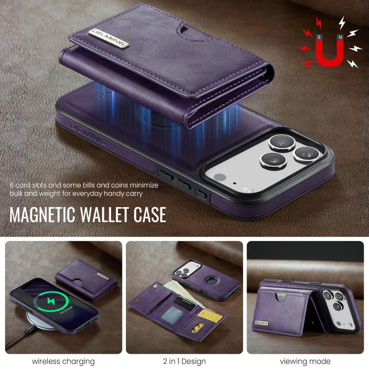 For iPhone 17 Pro DG.MING M6 Series RFID Tri-fold Card Bag Removable Leather Phone Case