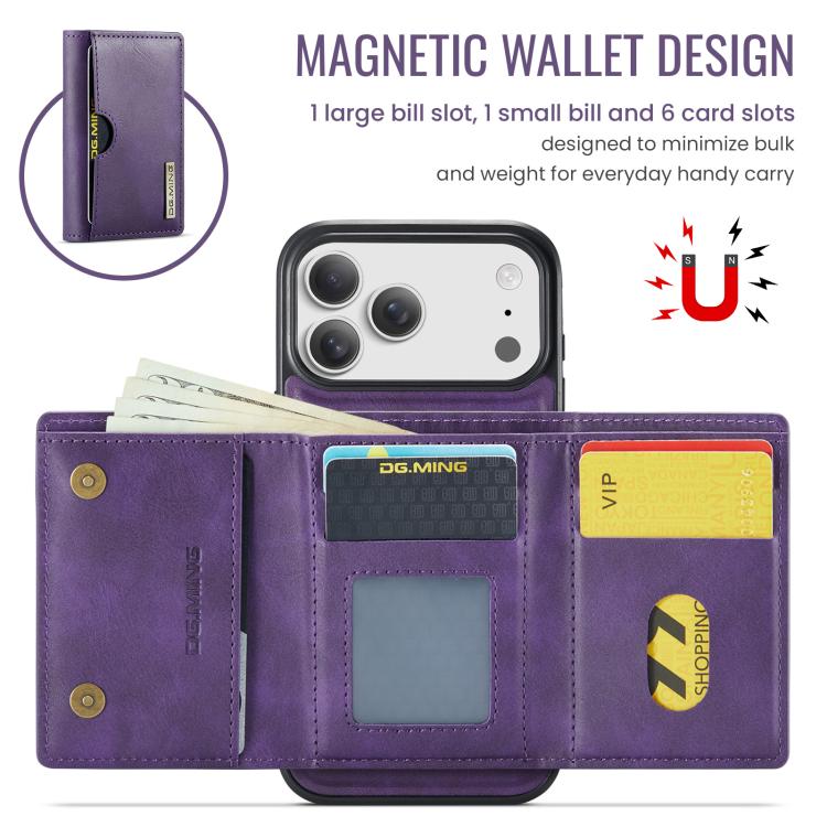 For iPhone 17 Pro DG.MING M6 Series RFID Tri-fold Card Bag Removable Leather Phone Case