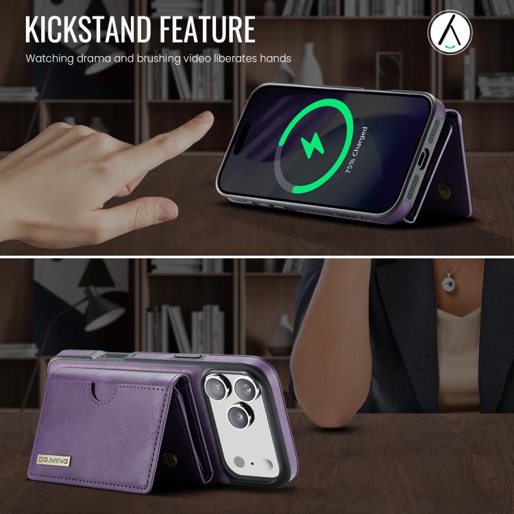 For iPhone 17 Pro DG.MING M6 Series RFID Tri-fold Card Bag Removable Leather Phone Case