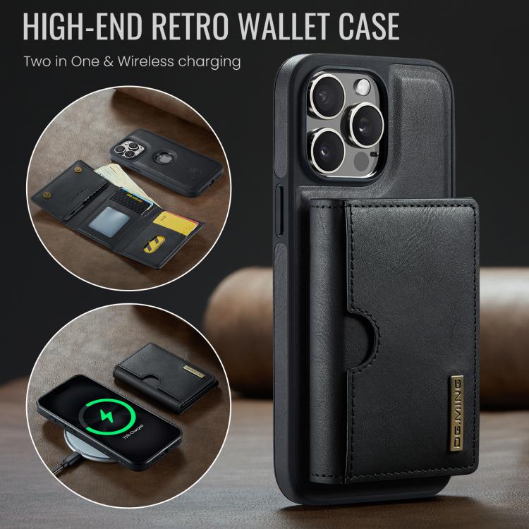 For iPhone 15 Pro Max DG.MING M6 Series RFID Tri-fold Card Bag Removable Leather Phone Case