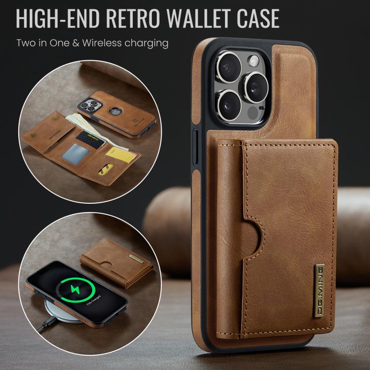 For iPhone 15 Pro Max DG.MING M6 Series RFID Tri-fold Card Bag Removable Leather Phone Case